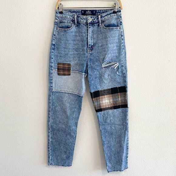 Hollister Ultra High Rise Acid Wash Ripped Patch Mom Jean Vintage Stretch - Picture 2 of 12